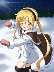  1girl absurdres black_thighhighs blush boots brown_boots brown_capelet capelet coat commentary cowboy_shot earmuffs english_commentary fur-trimmed_boots fur-trimmed_capelet fur-trimmed_sleeves fur_trim green_eyes hair_between_eyes hair_ornament hair_scrunchie hayate_no_gotoku! highres long_hair long_sleeves looking_at_viewer lostorder mittens neck_ribbon night open_mouth outdoors outstretched_arm pink_mittens pink_ribbon red_scrunchie ribbon sanzen'in_nagi scrunchie sidelocks snow snowing solo thigh-highs twintails v-shaped_eyebrows very_long_hair white_coat winter winter_clothes 