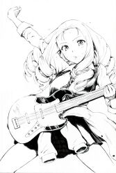  absurdres alternate_costume arm_up black_skirt breasts clothes_around_waist commentary_request cross drill_hair electric_guitar flying_sweatdrops girls_und_panzer greyscale guitar highres instrument instrument_request long_hair looking_at_viewer marie_(girls_und_panzer) medium_breasts monochrome necktie parted_lips playing_instrument sawamin skirt striped_clothes striped_necktie sweat sweater sweater_around_waist thighs two-barred_cross 