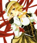  bad_id bajinappo beret blonde_hair breasts corset detached_sleeves drill_hair fingerless_gloves gloves hair_ornament hand_on_own_chest hand_to_chest hat highres large_breasts magical_girl mahou_shoujo_madoka_magica on_back pleated_skirt puffy_sleeves ribbon skirt solo taut_shirt tomoe_mami yellow_eyes 