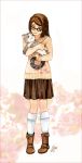  boots brown_eyes brown_hair cat face footwear glasses holding long_sleeves meago original pigeon-toed pigeon_toed skirt socks solo sweater traditional_media white_legwear 
