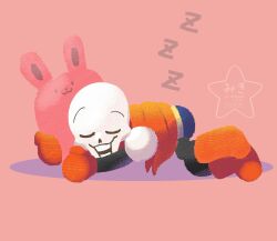  1boy 2026 2d armor artist_name blue_shorts boots cape closed_eyes digital_media gloves highres holding holding_stuffed_toy humanoid lying male male_focus male_only miki_288 monster monster_boy no_lineart papyrus_(undertale) red_background red_boots red_cape red_gloves shorts simple_background skeleton sleeping solo stuffed_animal stuffed_rabbit stuffed_toy teeth undead undertale utdr_(toby_fox) watermark white_armor yellow_trim zzz 