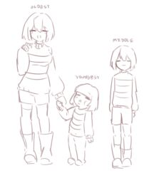  1girl 2026 2d 2others aged_down aged_up ambiguous_gender boots breasts child commentary digital_media double_horizontal_stripe english_commentary english_text fairyctrl female frisk_(undertale) full_body genderswap genderswap_(otf) horizontal-striped_clothes human lineup monochrome multiple_others multiple_persona pants short_hair shorts simple_background sketch standing striped_sweater sweater text undertale utdr_(toby_fox) white_background 