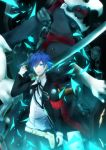  arisato_minato armband blue_eyes blue_hair chain chains digital_media_player evoker gun headphones highres male persona persona_3 school_uniform short_hair solo sword thanatos weapon 