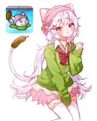  1girl :3 absurdres animal_ears animal_hat animal_print between_legs blue_eyes blush_stickers bow bowtie buro_moon cat_ears cat_girl cat_hat cat_print cat_tail cattail_(plants_vs._zombies) choker collared_shirt commentary cowboy_shot double-parted_bangs game_screenshot_inset green_sweater hair_between_eyes hair_ornament hairclip hand_between_own_legs hand_up hat hat_ribbon heterochromia highres humanization invisible_chair layered_clothes long_hair looking_at_viewer low_twintails miniskirt multiple_hat_bows parallel_hairclips personification pink_skirt plants_vs._zombies pleated_skirt polka_dot red_bow ribbon school_uniform screenshot_inset shirt simple_background sitting skirt sleeves_past_wrists smile solo striped_bow striped_bowtie striped_clothes sweater tail thigh-highs twintails white_background white_choker white_hair white_ribbon white_shirt white_thighhighs yellow_eyes 