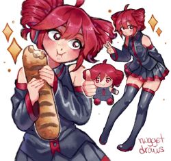  1girl ahoge artist_name baguette bare_shoulders black_boots black_shirt black_skirt black_sleeves boots bread breast_pocket buttons chibi collared_shirt commentary detached_sleeves double-parted_bangs drill_hair eating ferlanugget food full_body hair_between_eyes highres kasane_teto kasane_teto_(utau) looking_at_viewer multiple_views pleated_skirt pocket red_eyes red_hair red_trim shirt sidelocks simple_background skirt sleeveless sleeveless_shirt sparkle thigh_boots thumbs_up twin_drills upper_body utau white_background wing_collar zettai_ryouiki 