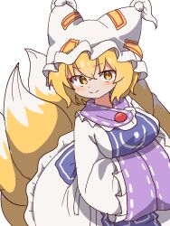  1girl animal_hat blonde_hair blue_tabard blush breasts closed_mouth commentary cowboy_shot dot_nose dress fox_girl fox_tail frilled_dress frills hair_between_eyes hands_in_opposite_sleeves hat highres kitsune kyuubi large_breasts long_sleeves looking_at_viewer magg_(user_mtca8588) mob_cap multiple_tails outline pom_pom_(clothes) ribbon short_hair simple_background smile solo split_mouth tabard tail touhou white_background white_dress white_hat wide_sleeves yakumo_ran yellow_eyes 