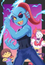  1boy 1girl 1other 2018 2d ambiguous_gender anthro armor banana black_eyepatch blue_shorts blue_skin blue_sweater brown_hair cape child clenched_hands closed_eyes colored_sclera colored_skin colored_teeth cowboy_shot digital_media double_horizontal_stripe ear_fins energy_weapon eyepatch female fins fish fish_girl food food_on_head frisk_(undertale) fruit gloves gradient_background grey_background head_fins height_difference high_ponytail highres holding holding_fruit holding_vegetable horizontal-striped_clothes human humanoid leg_up legs_apart long_hair long_sleeves looking_at_viewer male monster monster_boy monster_girl multicolored_background open_mouth orange_background papyrus_(undertale) pasta pink_stripes plate plate_on_head ponytail purple_background red_cape red_gloves red_hair satokichi sharp_teeth short_hair shorts skeleton slit_pupils solo_focus spaghetti striped_clothes striped_sweater sweater teeth tomato trio two-tone_sweater undead undertale undyne utdr_(toby_fox) vegetable white_armor yellow_sclera yellow_teeth yellow_trim 