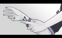  2girls agnes_digital_(umamusume) air_shakur_(umamusume) blue_nails commentary_request fingernails greyscale hand_focus highres holding_hands letterboxed monochrome multiple_girls pappi simple_background spot_color tattoo umamusume wrist_tattoo wristband yuri 