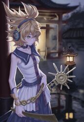  1girl absurdres architecture belt black_belt black_sailor_collar blonde_hair blurry blurry_background chinese_commentary commentary_request depth_of_field earphones east_asian_architecture highres lantern night pillar pointy_hair purple_skirt reflection reflective_liquid ritual_baton sailor_collar shirt shrine skirt sleeveless sword touhou toyosatomimi_no_miko weapon white_shirt wooden_lantern zhu_ting_zi 