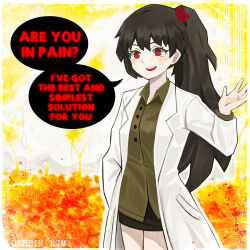  1girl absurdres bear_hair_ornament black_skirt brown_hair carmen_(project_moon) coat collared_shirt commentary_request cowboy_shot debbie_kimm english_text green_shirt hair_ornament high_ponytail highres lab_coat lapels lobotomy_corporation long_hair miniskirt notched_lapels ponytail project_moon red_eyes shirt skirt solo speech_bubble white_coat 