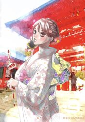  1girl arrow_(projectile) ayase_chihaya braid brown_eyes brown_hair cellphone cellphone_charm character_charm charm_(object) chihayafuru ema floral_print floral_print_kimono flower hair_flower hair_ornament hamaya highres holding holding_phone japanese_clothes kimono obi official_art open_mouth painting_(medium) phone pink_kimono print_kimono sash second-party_source solo_focus stairs suetsugu_yuki torii traditional_media watercolor_(medium) 