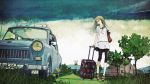  blonde_hair car character_request dress flower glasses grass happy log_cabin long_hair possible_duplicate redjuice sky smile solo source_request standing suitcase trees vehicle 