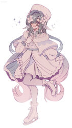  1girl alternate_costume aqua_hair blue_eyes capelet commentary dress eimearya fins full_body fur-trimmed_capelet fur_trim genshin_impact hair_over_one_eye hand_on_own_chest hat head_fins highres ice_skates long_hair open_mouth pantyhose simple_background skates smile solo very_long_hair vodyanitsa_(genshin_impact) white_background white_capelet white_dress white_hat white_pantyhose 