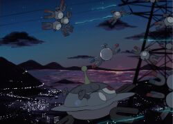  chikafuji cityscape commentary_request electricity evolutionary_line floating full_body highres looking_at_another magnemite magnet magneton magnezone night no_humans outdoors pokemon pokemon_(creature) pokemon_focus red_eyes screw water 