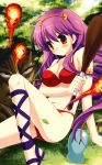  absurdres ankle_lace-up armlet athena_(series) bikini blush breasts circlet cleavage club cross-laced_footwear face fire grass hairband highres long_hair miyasu_risa princess_athena purple_hair red_bikini sandals sitting snk solo swimsuit tree very_long_hair weapon |_| 