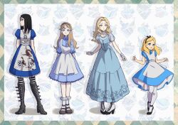  4girls absurdres adaptation_comparison alice_(disney) alice_(habromania) alice_in_wonderland_(disney) alice_in_wonderland_(tim_burton) alice_kingsleigh alice_liddell_(american_mcgee's_alice) american_mcgee's_alice apron black_hair black_hairband blonde_hair blood blood_on_clothes blue_dress blue_eyes boots brown_hairband commentary dress english_commentary fingerless_gloves gloves habromania hairband high_heels highres horseshoe knee_boots long_dress looking_to_the_side medium_dress melodymiisafer mole mole_above_mouth mole_under_eye multiple_girls pantyhose signature socks striped_clothes striped_pantyhose white_apron white_pantyhose white_socks 