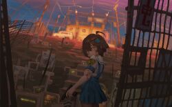  1girl absurdres air_conditioner antenna_hair black_hair blood blood_on_face blue_sky cable car crt deep_wound fence fish_hair_ornament green_eyes gun hair_ornament hairclip hand_on_own_arm handgun highres holding holding_gun holding_weapon injury looking_at_viewer looking_back motor_vehicle original pleated_skirt radio radio_antenna sailor_collar school_uniform serafuku shanchi short_hair sign skirt sky solo utility_pole washing_machine weapon 