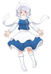  1girl blue_dress blue_vest breasts commentary_request dress frilled_dress frills full_body hat letty_whiterock long_sleeves looking_at_viewer medium_breasts open_mouth puffy_sleeves purple_hair scarf simple_background solo touhou ushidaihuku vest violet_eyes white_background white_scarf 