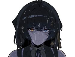  1girl angry bags_under_eyes bare_shoulders black_hair blue_eyes closed_mouth commentary_request earrings female_rover_(wuthering_waves) hair_ribbon heterochromia jewelry korean_commentary looking_at_viewer orange_eyes portrait rain ribbon robro3000 rover_(wuthering_waves) simple_background solo triangle_earrings wet white_background wuthering_waves yellow_ribbon 
