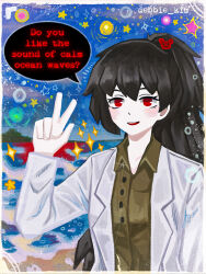  1girl absurdres beach brown_hair buttons carmen_(project_moon) coat collared_shirt commentary_request debbie_kimm english_text fish_skeleton green_shirt hand_up high_ponytail highres implied_self-harm lab_coat lapels lobotomy_corporation long_hair looking_at_viewer notched_lapels ocean open_mouth outdoors ponytail project_moon red_eyes shirt smile solo speech_bubble sun v waves white_coat 