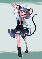  1girl :d ;d ahoge amputee animal_ears arm_up black_shoes black_skirt commentary_request double_amputee full_body grey_hair highres kakigoori_(xm3lz) long_sleeves looking_at_viewer mouse_ears mouse_girl mouse_tail nazrin one_eye_closed open_mouth prosthesis prosthetic_leg red_eyes shoes skirt smile solo tail touhou 