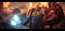  1boy adeptus_astartes armor battle blue_armor bowenhuang chaos_(warhammer) daemon_(warhammer) dreadnought_(warhammer_40k) full_body hammer helmet highres holding holding_hammer holding_weapon iron_halo lifting_person pauldrons power_armor projectile_trail red_helmet shoulder_armor solo_focus strangling thunder_hammer ultramarines warhammer_40k weapon 