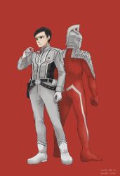  2boys alien ankle_boots armor back-to-back belt belt_buckle black_belt black_eyes black_hair black_jacket boots buckle clenched_hand closed_mouth colored_skin commentary dated dual_persona eye_slugger full_body glasses gloves grey_jacket grey_pants hand_up highres holding holding_removed_eyewear holster insignia jacket legs_apart long_sleeves looking_ahead male_focus moroboshi_dan mskr10140 multicolored_jacket multicolored_skin multiple_boys pants red-framed_eyewear red_background red_skin red_theme serious short_hair shoulder_armor silver_skin simple_background standing studded_belt studs tokusatsu twitter_username two-tone_jacket two-tone_skin ultra_eye ultra_guard_uniform ultra_series ultraseven ultraseven_(series) unworn_eyewear utility_belt white_boots white_gloves white_trim 