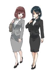  1boy 1girl :d absurdres bag black_eyes black_hair black_jacket black_shoes black_skirt blazer breasts brown_eyes brown_hair commentary_request crossdressing crossdressing_(mtf) grey_jacket grey_skirt high_heels highres jacket long_hair office_lady open_mouth original pencil_skirt shaded_face shirt shoes simple_background skirt smile teeth trap user_fyys7243 variant_set white_background white_shirt 