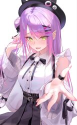  1girl :d barbell_piercing beret black_bow black_bowtie black_hat black_skirt bow bowtie breasts cable_knit cardigan collared_shirt colored_inner_hair commentary_request cross-laced_clothes cross-laced_sleeves demon_girl demon_tail ear_piercing fake_horns frilled_shirt frilled_sleeves frills gradient_hair green_eyes grey_cardigan hair_bun hair_ornament hairclip hand_up hat high-waist_skirt highres holding_own_hair hololive horned_headwear horns industrial_piercing jewelry long_hair looking_at_viewer medium_breasts multicolored_hair official_alternate_costume official_alternate_hairstyle one_side_up open_mouth parallel_hairclips piercing pink_hair pleated_skirt pointy_ears pom_pom_(clothes) purple_hair reaching reaching_towards_viewer ring shirt short_sleeves side_up_bun simple_background single_side_bun skirt smile solo suspender_skirt suspenders swept_bangs tail tanishi_(hetianming11093) tokoyami_towa tokoyami_towa_(jirai_kei) virtual_youtuber white_background white_shirt x_hair_ornament 