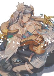  2girls absurdres angel_wings black_gloves black_thighhighs blue_hair crying crying_with_eyes_open dizzy_(guilty_gear) fingerless_gloves flower gloves guilty_gear guilty_gear_strive hair_flower hair_ornament highres hug jacket long_hair mature_female mother_and_child mother_and_daughter multiple_girls oeillet_vie orange_jacket parent_and_child petals queen_dizzy red_eyes ribbon simple_background skindentation squatting streaming_tears swept_bangs tail tail_wrap tears thigh-highs thighs unika_(guilty_gear) white_background wings yellow_ribbon 