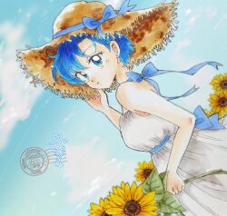  1girl absurdres bishoujo_senshi_sailor_moon blue_eyes blue_hair bow clouds cloudy_sky commentary_request dress field flower flower_field from_side fukatsuki_mizuki hat highres looking_at_viewer mizuno_ami outdoors short_hair signature sky sleeveless solo sun_hat sunflower sunflower_field traditional_media upper_body white_dress 