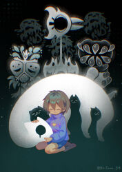  1other 2girls bird black_background blue_shirt blue_sweater brown_hair brown_shoes child closed_eyes dog double_horizontal_stripe endogeny frisk_(undertale) heart_locket highres kiriyume lemon_bread memoryhead multiple_girls petting purple_sweater reaper_bird shirt shoes smile snowdrake's_mother sweater two-tone_sweater undertale utdr_(toby_fox) 
