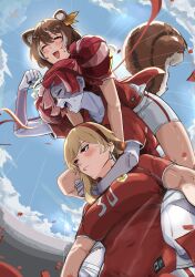  3girls absurdres animal_ears atziid69 ayunda_risu blonde_hair blush breasts brown_hair colored_skin hair_ornament highres hololive hololive_indonesia kaela_kovalskia kureiji_ollie long_hair multicolored_hair multiple_girls open_mouth patchwork_skin red_eyes red_hair smile sportswear squirrel_ears squirrel_girl squirrel_tail stitched_face stitches tail virtual_youtuber zombie 