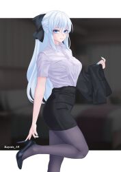  1girl black_bow black_dress black_skirt blue_eyes blush bow braid breasts closed_mouth collared_shirt dress fate/grand_order fate_(series) grey_hair hair_bow half_up_braid high_heels highres kayu_manis19 large_breasts long_hair long_sleeves looking_at_viewer morgan_le_fay_(fate) office_lady pantyhose pencil_skirt ponytail shirt sidelocks skirt smile solo very_long_hair white_hair white_shirt 