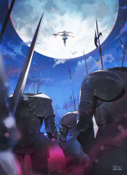  1girl absurdres black_pantyhose blue_sky capelet clouds commentary_request english_commentary floating floating_hair frieren full_moon grey_hair highres holding holding_staff living_armor long_hair long_sleeves magical_girl midair mixed-language_commentary moon night outdoors pantyhose scene_reference sena_8ito shirt skirt sky solo sousou_no_frieren staff star_(sky) striped_clothes striped_shirt twintails white_capelet white_skirt wide_shot 