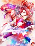  bare_shoulders boots detached_sleeves ichizen_(o_tori) long_hair magical_girl mahou_shoujo_madoka_magica polearm ponytail red_eyes red_hair redhead sakura_kyouko solo spear thigh-highs thighhighs weapon 