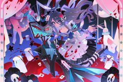  animal_ears apron artist_request blood blood_on_clothes blood_on_face card commentary flat_screen_tv grin hat highres holding holding_scissors looking_at_viewer monocle oc_x_canon original pillar playing_card pool_of_blood rabbit rabbit_ears scissors smile suit television top_hat toy_horse vox_(hazbin_hotel) 
