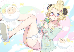  1girl :o alternate_hair_length_(shorter) animal_ears animal_slippers bangs_pinned_back blonde_hair breasts camisole cellphone commentary_request empire_waist floating flower_hairclip glasses gorirasaru440 green_jacket hair_bun hair_ornament hairclip highres holding holding_phone hololive hood hood_down hooded_jacket horns jacket looking_at_viewer loungewear medium_breasts official_alternate_costume official_alternate_hairstyle parallel_hairclips parted_lips phone pink_camisole pink_shorts raised_eyebrows red-framed_eyewear semi-rimless_eyewear sheep_ears sheep_girl sheep_horns sheep_slippers short_hair short_shorts shorts single_hair_bun slippers smartphone solo thigh_strap tsunomaki_watame tsunomaki_watame_(loungewear) virtual_youtuber watamate white_slippers 