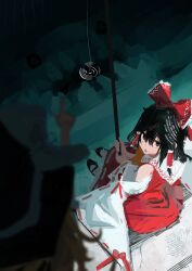  2girls absurdres ascot blonde_hair blurry bow brown_eyes brown_hair commentary_request depth_of_field detached_sleeves fishing fishing_rod frilled_bow frilled_hair_tubes frills hair_bow hair_tubes hakurei_reimu hat hat_bow highres holding holding_fishing_rod kageboushi_(kageboushi_desu) kirisame_marisa long_hair multiple_girls open_mouth pointing red_bow red_skirt ribbon-trimmed_sleeves ribbon_trim skirt skirt_set solo touhou water white_bow witch_hat yellow_ascot 