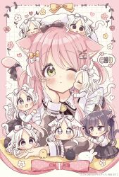  6+girls :o :t ;o animal_ear_fluff animal_ears beret black_bow black_hair black_skirt blush bow cat_ears cat_girl cat_tail chibi closed_mouth collared_dress commentary_request dress empty_eyes forehead frilled_skirt frills fushigi_na_neko_no_machi_meltier green_eyes grey_dress grey_eyes hair_bow hair_ornament hairclip hat highres juliet_sleeves long_hair long_sleeves mini_person minigirl moco_(fushigi_na_neko_no_machi_meltier) multiple_girls multiple_persona one_eye_closed parted_bangs parted_lips pink_hair pout puffy_sleeves romaji_text rucora_(fushigi_na_neko_no_machi_meltier) sakura_oriko shirt skirt suzu_(fushigi_na_neko_no_machi_meltier) tail two_side_up very_long_hair violet_eyes white_bow white_hair white_hat white_shirt x_hair_ornament 