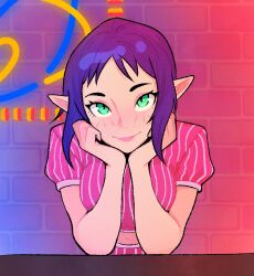  1girl blue_hair bombchu_bowling_alley_operator breasts celebelian closed_mouth cropped_shirt elbows_on_table green_eyes hands_on_own_cheeks hands_on_own_face head_rest indoors looking_at_viewer medium_breasts midriff navel pink_lips pink_shirt pointy_ears shirt short_hair short_sleeves sidelocks smile solo striped_clothes striped_shirt the_legend_of_zelda the_legend_of_zelda:_ocarina_of_time vertical-striped_clothes vertical-striped_shirt 
