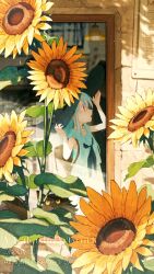  1girl aqua_hair cafe cat check_commentary child commentary_request dress flower hand_on_headwear hat hinata_(echoloveloli) lamp looking_at_another original red_eyes reflection sailor_dress shelf slice_of_life summer sunflower window 