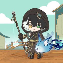  1boy animated animated_gif black_hair black_hood black_shirt chibi chibi_only commentary english_commentary food green_eyes heterochromia holding holding_staff jingran_(wuthering_waves) looping_animation lowres male_focus multicolored_hair official_art outdoors shirt smile solo staff steamed_bun streaked_hair tacet_mark_(wuthering_waves) trolling wuthering_waves yellow_eyes 