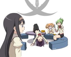 4girls abutomato akemi_homura black_hair black_hairband bow bowtie caloriemate commentary_request glasses green_hair hairband highres long_hair long_sleeves mahou_shoujo_madoka_magica mahou_shoujo_madoka_magica:_walpurgis_no_kaiten mitakihara_school_uniform multiple_girls orange_hair puffy_sleeves red_bow red_bowtie school_uniform selema_terez shi_choka simple_background sitting skirt table twintails upside-down wasu_(madoka_magica) white_background