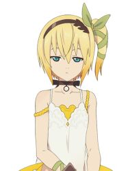  1girl arm_ribbon artist_request blonde_hair blue_eyes brown_choker brown_gloves brown_hairband choker closed_mouth collarbone commentary disdain dress edna_(tales) game_asset gloves green_ribbon hair_between_eyes hair_ribbon hairband half-closed_eyes jitome layered_dress looking_at_viewer official_art ribbon short_hair side_ponytail simple_background single_glove sleeveless sleeveless_dress solo standing strap_slip tachi-e tales_of_(series) tales_of_zestiria third-party_source transparent_background tress_ribbon upper_body white_dress yellow_dress 