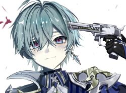  1boy ahoge aqua_hair armor black_choker black_gloves black_jacket blue_cape blue_eyes blue_shirt blush cape choker closed_mouth collared_shirt commentary_request earrings floating_earrings genshin_impact gloves gun gun_to_own_head hair_between_eyes hand_up handgun highres holding holding_gun holding_weapon jacket jewelry lapels lohen_(genshin_impact) long_sleeves looking_at_viewer male_focus mole mole_under_eye open_clothes open_jacket pale_skin pink_pupils shirt short_hair shoulder_armor simple_background single_earring smile solo striped_capelet ta_l280 two-sided_fabric two-sided_jacket upper_body weapon white_background white_jacket 