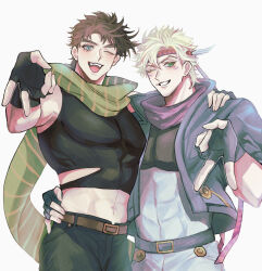  2boys abs battle_tendency belt black_gloves black_shirt blonde_hair blue_eyes blue_jacket blue_pants brown_belt brown_hair caesar_anthonio_zeppeli commentary_request covered_abs crop_top facial_mark feather_hair_ornament feathered_wings feathers fingerless_gloves gloves green_eyes green_pants green_scarf hair_ornament hand_on_another's_shoulder headband highres holding_another's_waist jack57mame jacket jojo_no_kimyou_na_bouken joseph_joestar male_focus multiple_boys navel one_eye_closed open_mouth pants scarf shirt short_hair simple_background smile teeth v white_background wings 