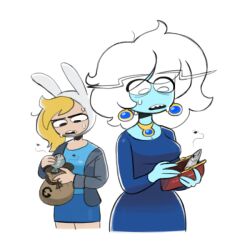  1i3anny 2girls adventure_time alternate_costume alternate_hairstyle animal_hood blonde_hair blue_dress blue_skin breasts colored_skin dress earrings fionna_campbell hood ice_queen_(adventure_time) jewelry medium_hair multiple_girls necklace rabbit_hood skirt white_hair 