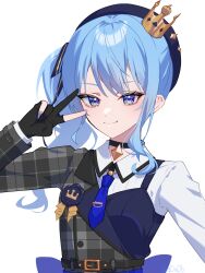  1girl asymmetrical_sidelocks beret black_choker black_dress black_gloves black_hat blue_eyes blue_hair blue_necktie bracelet choker closed_mouth collared_shirt crown dress gloves hand_up hat highres hololive hoshimachi_suisei jewelry long_sleeves medium_hair mini_crown necktie parted_lips partially_fingerless_gloves shirt short_necktie side_ponytail sidelocks simple_background smile solo symbol_in_eye tilted_headwear v virtual_youtuber white_background white_shirt you06 