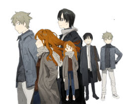  1girl 2boys ^_^ absurdres baek_inho bag black_coat black_eyes black_hair black_pants black_shoes black_sweater blue_jacket blue_pants blush breasts brown_bag brown_coat brown_eyes brown_gloves brown_hair brown_scarf brown_sweater cheese_in_the_trap chinese_commentary closed_eyes closed_mouth coat colored_eyelashes commentary_request covered_mouth cowboy_shot denim denim_jacket dot_mouth dot_nose expressionless facing_ahead facing_viewer floating_hair from_side full_body gloves grey_scarf grin hand_in_pocket highres hong_seol jacket jeans lapels long_hair long_sleeves looking_ahead looking_at_another looking_down ma_fu multiple_boys multiple_views notched_lapels open_clothes open_coat open_jacket open_mouth orange_eyes orange_hair pants ribbed_sweater scarf shirt shoes short_hair shoulder_bag sideways_glance simple_background small_breasts smile sneakers standing straight-on sweater turtleneck turtleneck_sweater walking wavy_hair white_background white_pants white_shirt white_shoes yoo_jung 